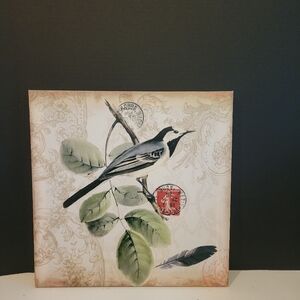 Elegant Bird Wall Art with Green and Black Accents Canvas Artwork 16 x 16